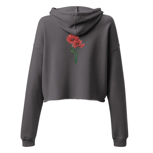 Rückansicht eines grauen Cropped Hoodies von POLCOUTURE. Auf dem Rücken befindet sich eine minimalistische Illustration von zwei roten Mohnblumen, die ohne Rahmen oder Text direkt auf den Stoff gedruckt sind.