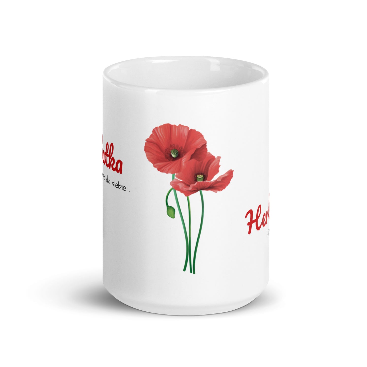Große Tasse „Herbatka“ von POLCOUTURE mit rotem Mohn-Motiv, ca. 445 ml Füllmenge.