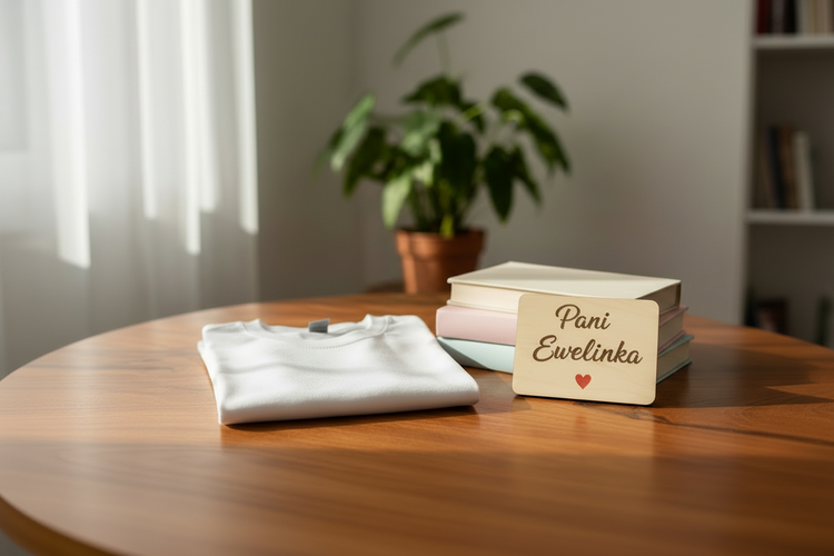 Ein helles, gefaltetes Baumwoll-T-Shirt auf einem rustikalen Holztisch neben einem Stapel pastellfarbener Bücher. Auf den Büchern lehnt ein Holzschild mit der Aufschrift ‚Pani Ewelinka‘ und einem kleinen Herz. 