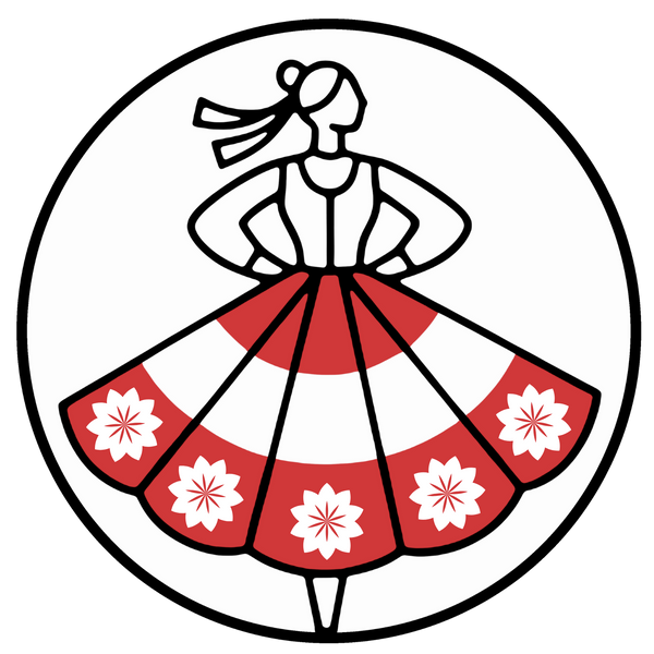 Das Logo von POLCOUTURE: Eine minimalistische Illustration einer Polka-Figur in einem leuchtend rot-weißen Kleid. Der weite Rock ist im unteren Drittel mit zarten weißen Blumen verziert.