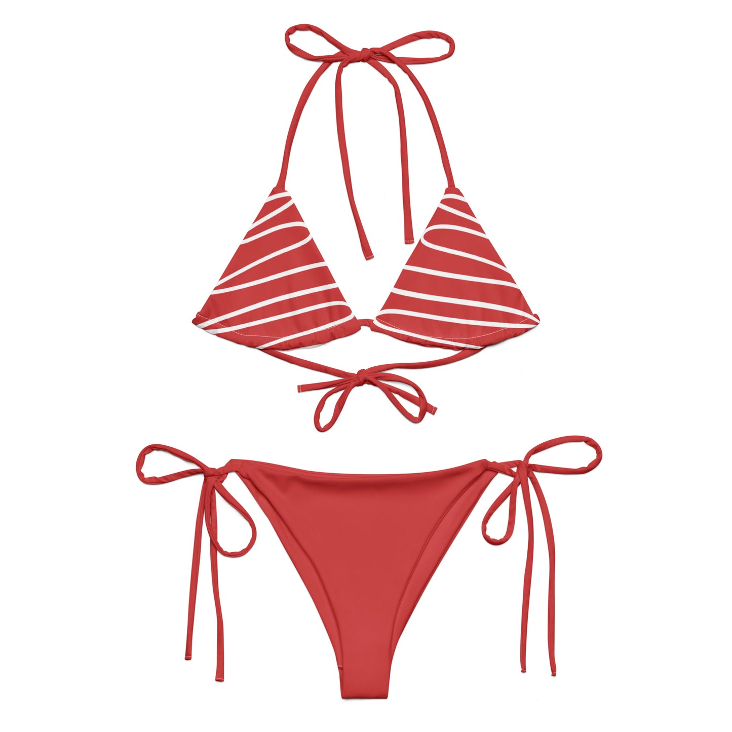 Komplettes Damen-Bikini-Set „FALA“ von POLCOUTURE (Oberteil und Hose) auf rein weißem Hintergrund. Das Set ist in kräftigem Rot gehalten. Das Bikini-Oberteil zeigt minimalistische, weiße Wellen-Linien, während das Bikini-Höschen uni-rot ist.
