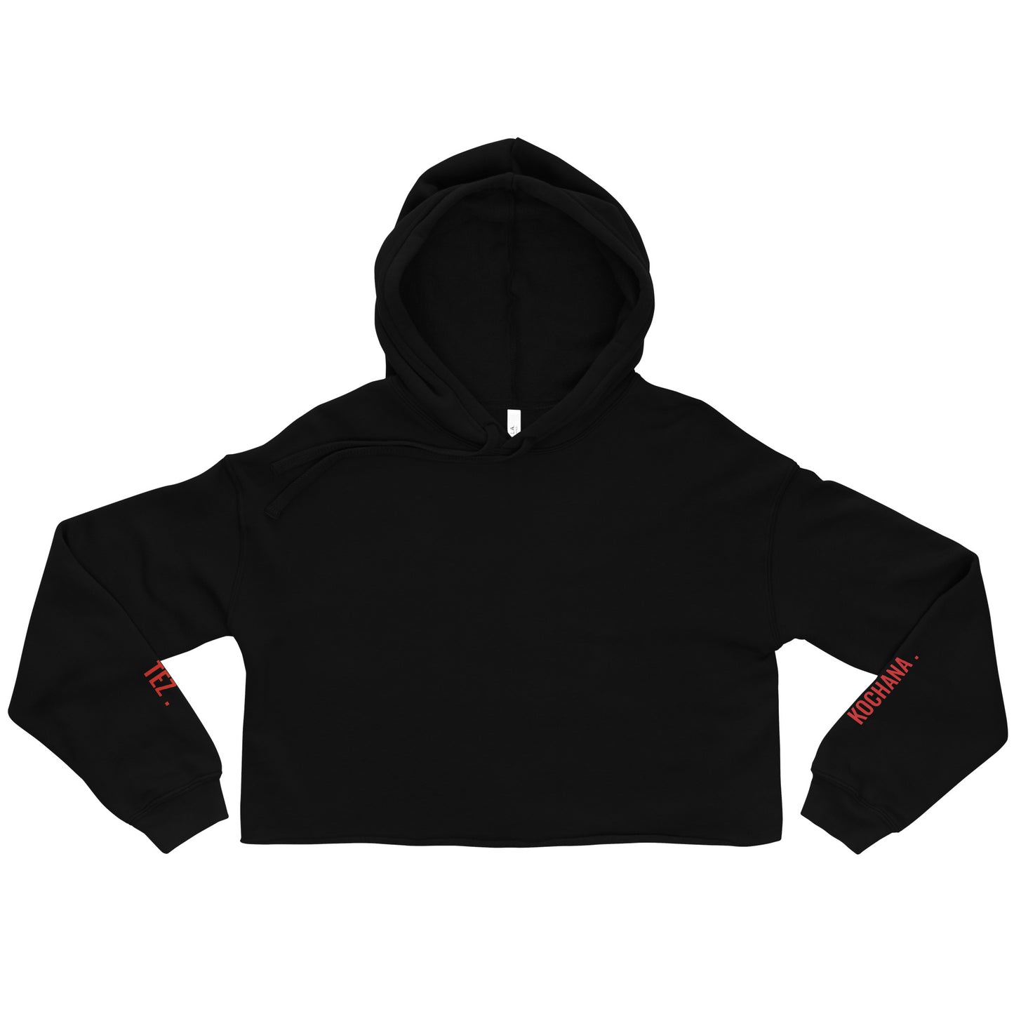 Flach liegender schwarzer Hoodie mit angewinkelten Ärmeln, der die erste Zeile des Prints zeigt.