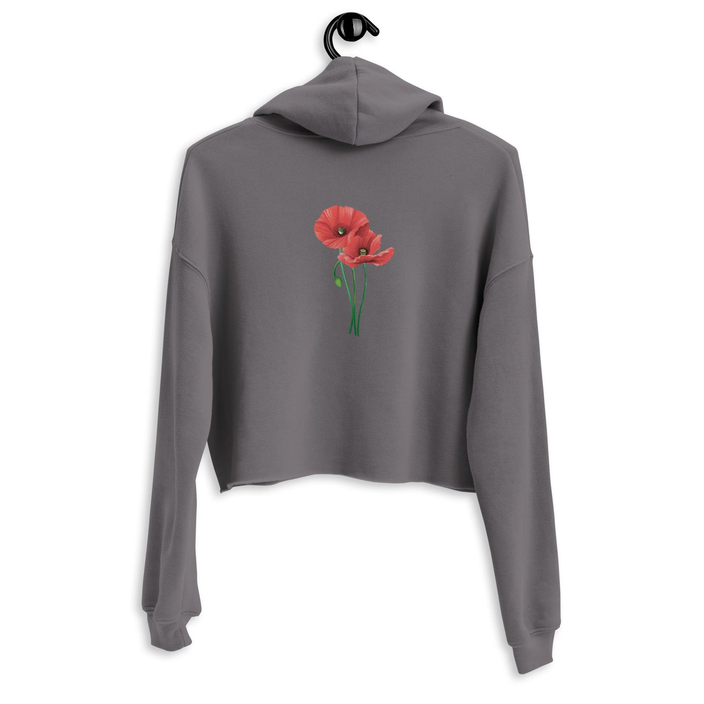 Die Rückansicht des grauen Cropped Hoodies von POLCOUTURE, hängend präsentiert vor einem hellen Hintergrund. Im Zentrum des Rückens steht die minimalistische Illustration zweier leuchtend roter Mohnblumen. Der kurze, moderne Schnitt und die Kapuze des Hoodies sind deutlich erkennbar.