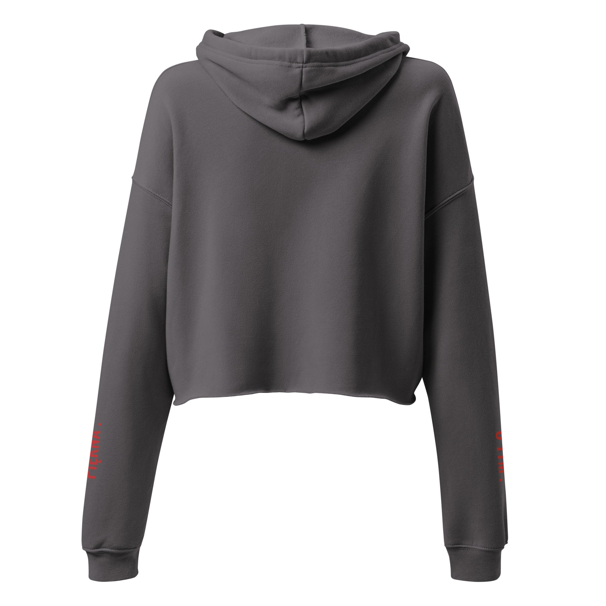 Rückansicht des grauen Cropped Hoodies von POLCOUTURE auf weißem Hintergrund. Der Fokus liegt auf der lässigen Kapuze und dem hochwertigen, bauchfreien Kurz-Schnitt.