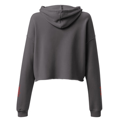 Rückansicht des grauen Cropped Hoodies von POLCOUTURE auf weißem Hintergrund. Der Fokus liegt auf der lässigen Kapuze und dem hochwertigen, bauchfreien Kurz-Schnitt.