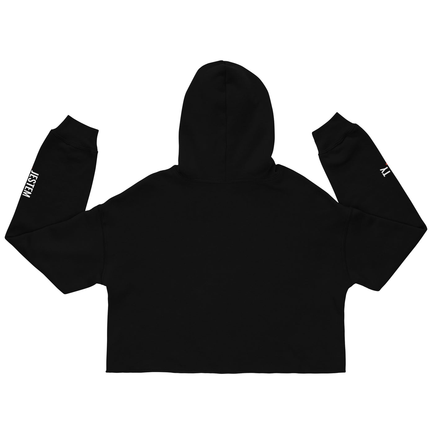 Flach liegender Hoodie mit nach oben angewinkelten Ärmeln, der einen Teil des Prints zeigt.