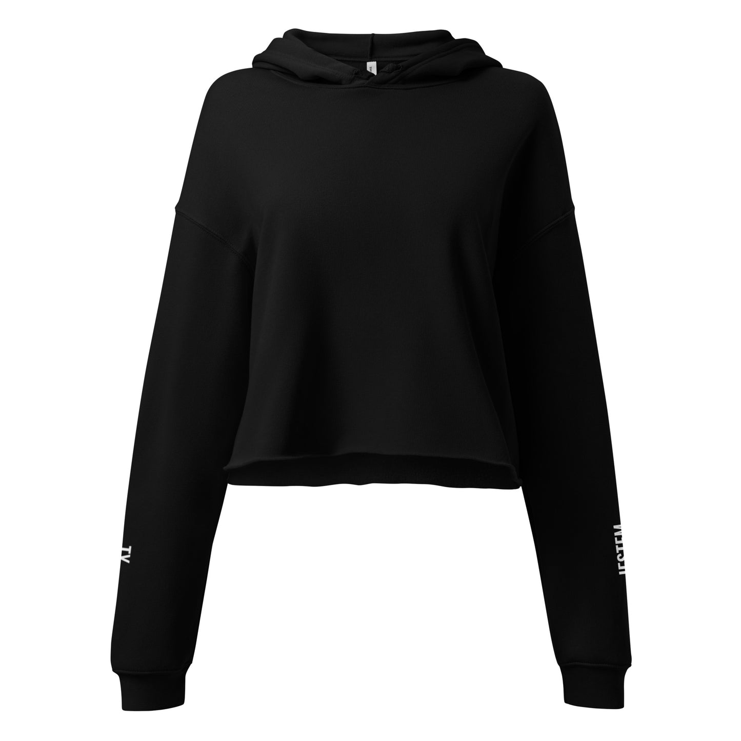 Frontale Ansicht des schwarzen Hoodies ohne Model. Der Fokus liegt auf dem bauchfreien Schnitt und den weißen Akzenten an den Ärmeln.