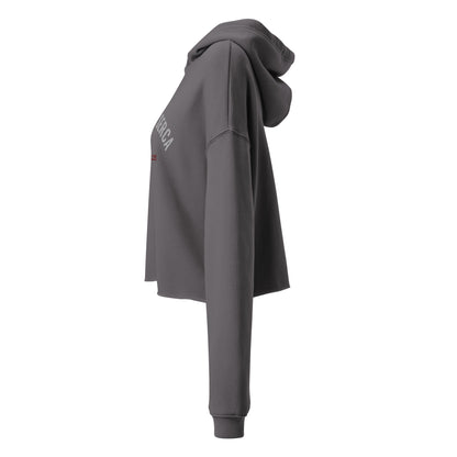 Seitenansicht (links) eines grauen Cropped Hoodies von POLCOUTURE. Der Hoodie hat einen modernen, kurzen Schnitt mit weit geschnittenen Ärmeln und einer Kapuze. Ein Teil der Stickerei ist sichtbar.