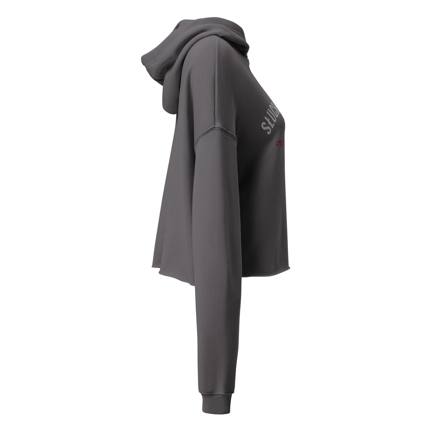Seitenansicht (rechts) eines grauen Cropped Hoodies von POLCOUTURE. Der Hoodie hat einen modernen, kurzen Schnitt mit weit geschnittenen Ärmeln und einer Kapuze. Ein Teil der Stickerei ist sichtbar.