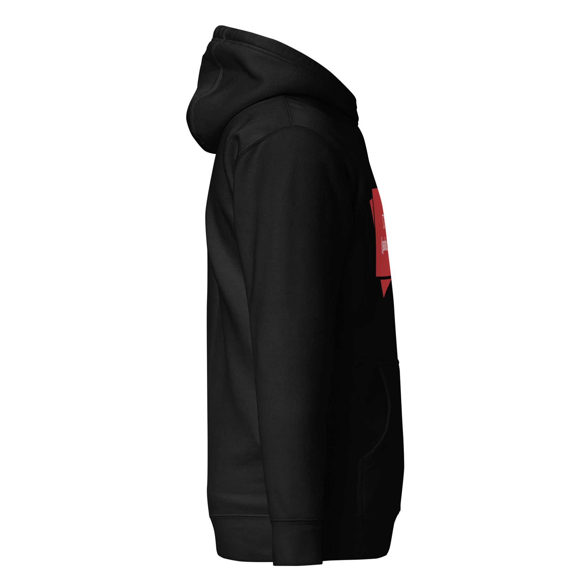 Rechte Seitenansicht des schwarzen „DYL“ Hoodies in der Einzelansicht.
