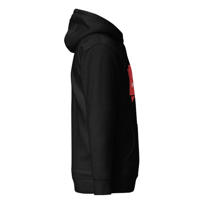 Rechte Seitenansicht des schwarzen „DYL“ Hoodies in der Einzelansicht.