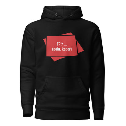 Vorderansicht des schwarzen Unisex-Hoodies „DYL“ mit dem roten Design von POLCOUTURE.