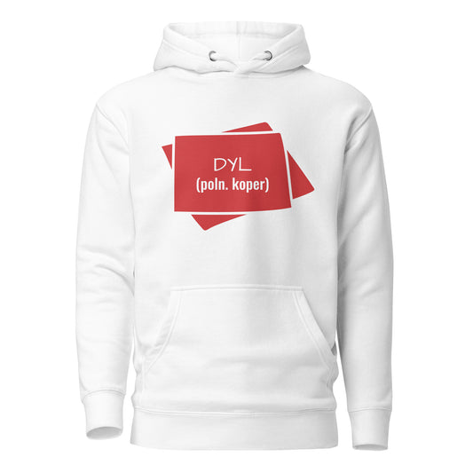 Vorderansicht des weißen „DYL“ Hoodies mit dem roten Design von POLCOUTURE.