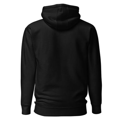 Die Rückseite des schwarzen Hoodies in der Einzelansicht ohne Model.