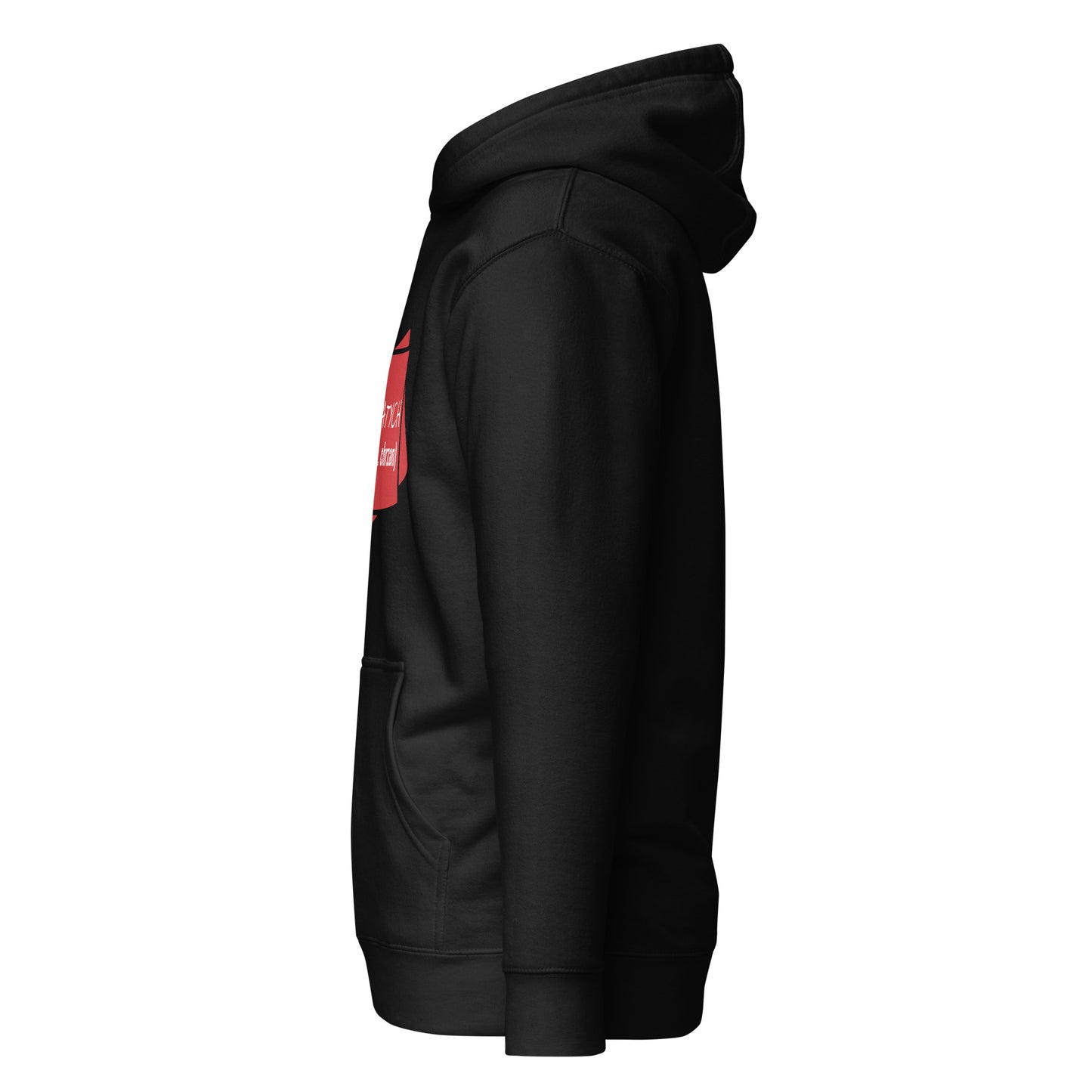 Linke Seitenansicht des schwarzen „MIERATYCH“ Hoodies.