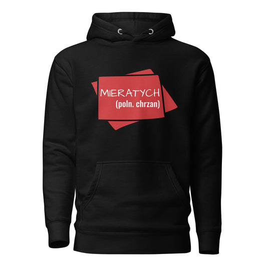 Vorderansicht des schwarzen Hoodies „MIERATYCH“ mit dem roten Design von POLCOUTURE.