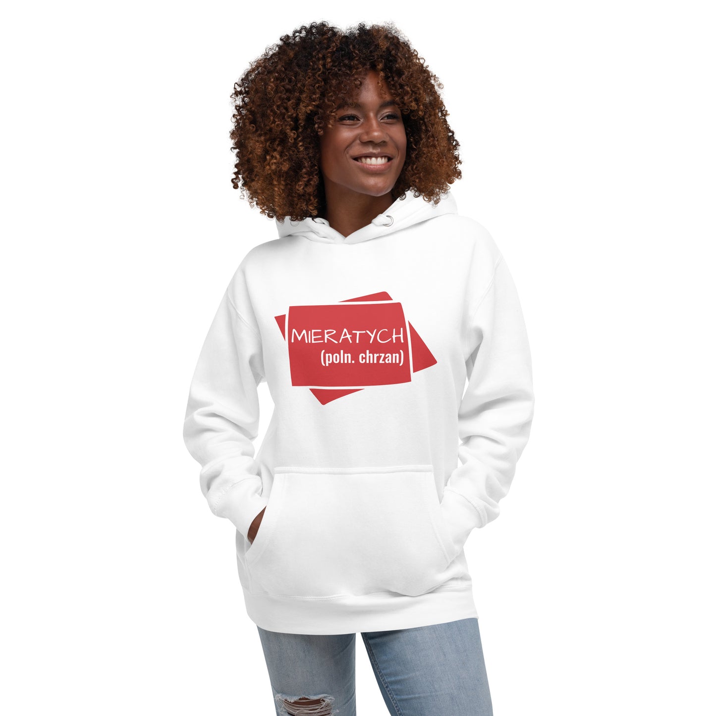 Oberkörperaufnahme des weißen Unisex Hoodies „MIERATYCH“ am Model.
