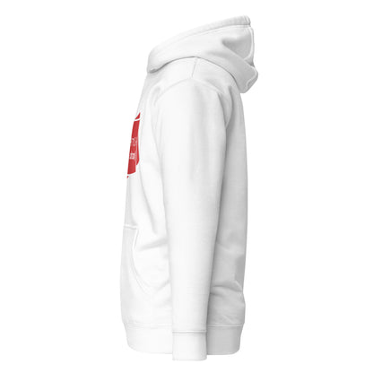Seitenansicht links des weißen Hoodies der MIERATYCH-Serie.