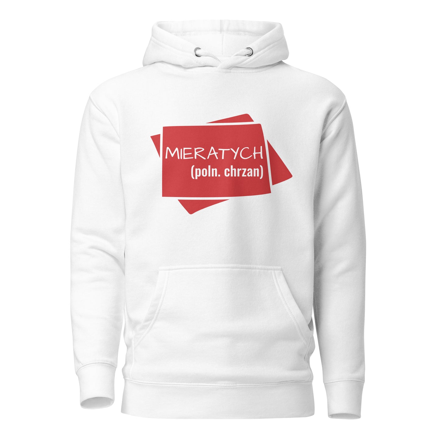 Vorderansicht des weißen „MIERATYCH“ Hoodies mit dem roten Print von POLCOUTURE.