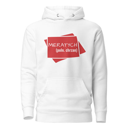 Vorderansicht des weißen „MIERATYCH“ Hoodies mit dem roten Print von POLCOUTURE.
