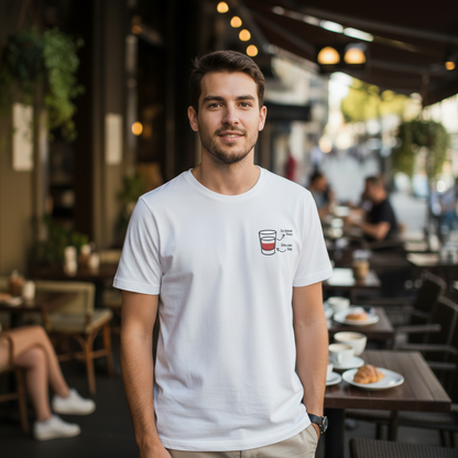 Ein Model steht entspannt vor einem Café und trägt das weiße POLCOUTURE T-Shirt 'PÓŁ NA PÓŁ'. Der Print zeigt ein Shotglas in den polnischen Nationalfarben (oben weiß, unten rot) und die passende Beschriftung. Das Design symbolisiert die deutsch-polnische Identität. Moderner Streetstyle trifft auf visuelles Storytelling.