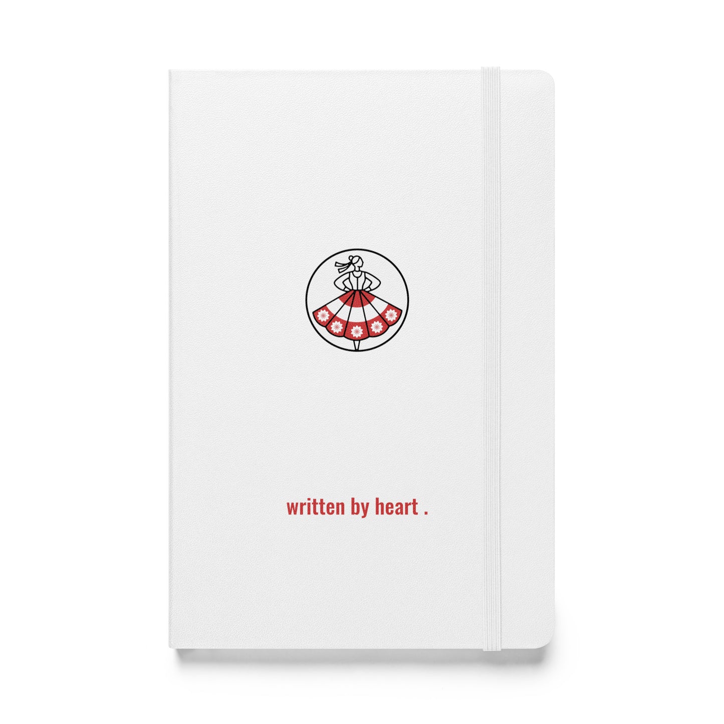Vorderansicht des weißen Hardcover-Notizbuchs von POLCOUTURE. Das minimalistische Design mit dem Logo und dem Slogan „written by heart“ steht im Fokus vor einem rein weißen Hintergrund.