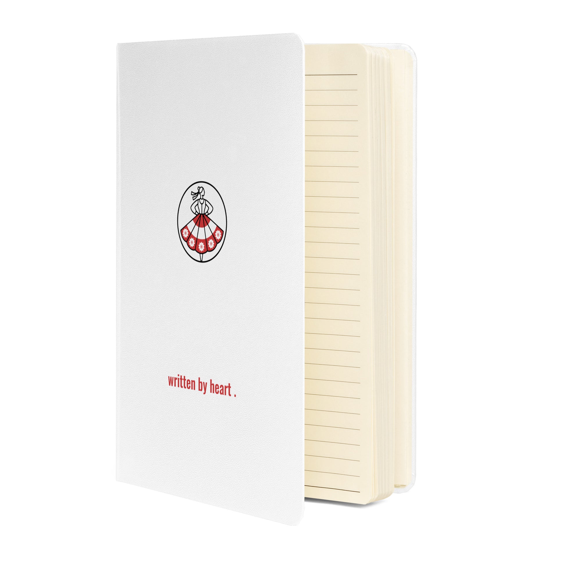 Vorderansicht des weißen Hardcover-Notizbuchs von POLCOUTURE. Auf dem Einband sind das Logo und der Slogan „written by heart“ zentral unten platziert. Minimalistisches, edles Design.