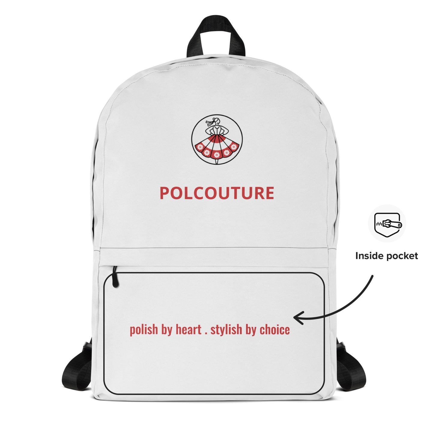Vorderansicht des weißen POLCOUTURE Rucksacks auf weißem Hintergrund mit Detail-Einblendung der Innentasche. Darauf zu sehen ist der Slogan „polish by heart . stylish by choice.“ als besonderes Highlight im Inneren des Rucksacks.