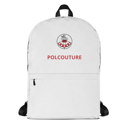 Frontalansicht des weißen All-Over-Print Rucksacks PRZYGODA von POLCOUTURE. Das minimalistische Design mit dem markanten Logo-Muster ist auf der Vorderseite sichtbar.