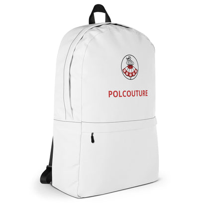 Detailreiche Seitenansicht des weißen All-Over-Print Rucksacks „PRZYGODA“. Der Fokus liegt auf der Formbeständigkeit und dem cleanen, modernen Look des POLCOUTURE Designs.