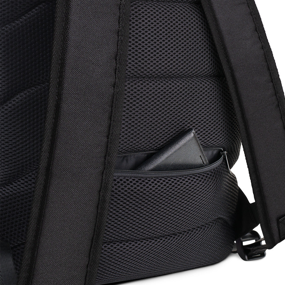 Schwarze Rückenansicht des POLCOUTURE Rucksacks. Gezeigt werden die ergonomische Polsterung, die weichen Schultergurte und das versteckte Reißverschlussfach am unteren Rücken zum sicheren Verstauen von Wertsachen.