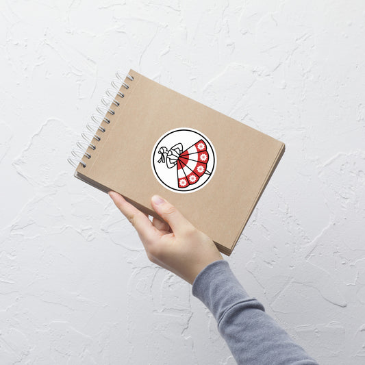 Die große Variante des weißen Logo-Stickers auf einem Notizbuch. Das markante POLCOUTURE Logo kommt hier besonders gut zur Geltung.