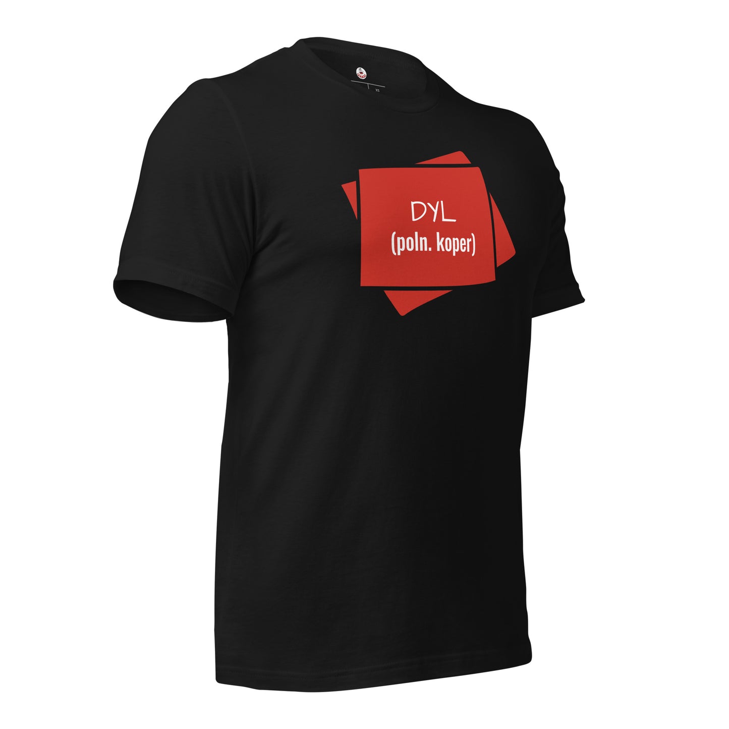 Das schwarze T-Shirt „DYL“ von der rechten Seite gesehen.