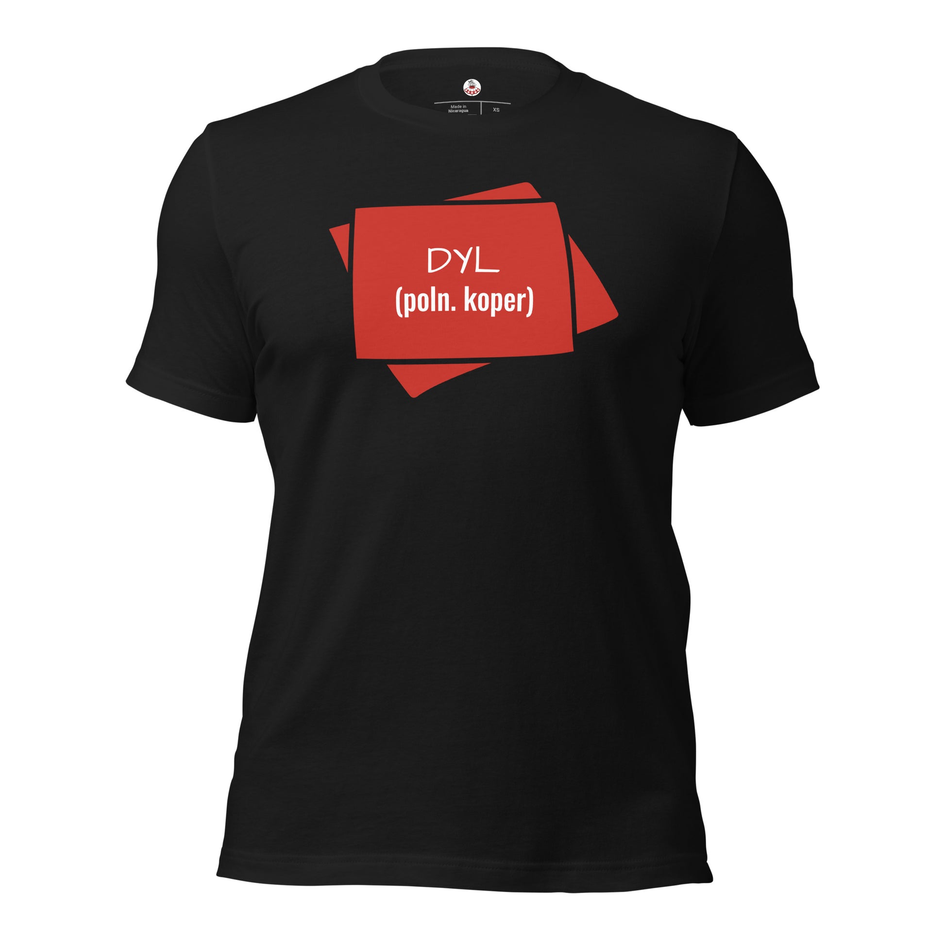 Vorderansicht des schwarzen T-Shirts „DYL“ mit rotem Aufdruck.