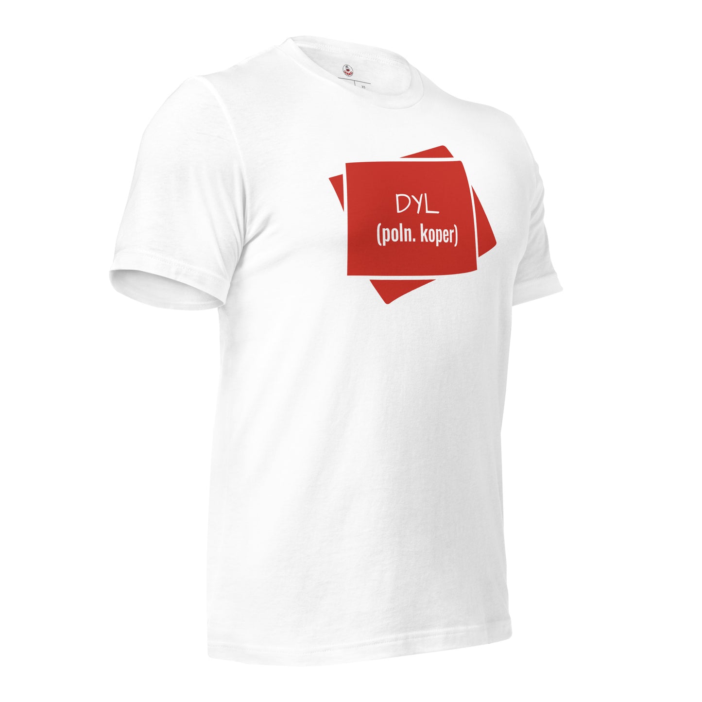 Das weiße T-Shirt „DYL“ von der rechten Seite gesehen.