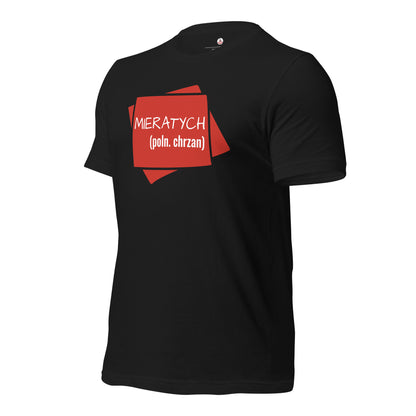 Das schwarze T-Shirt „MIERETYCH“ von der linken Seite gesehen.