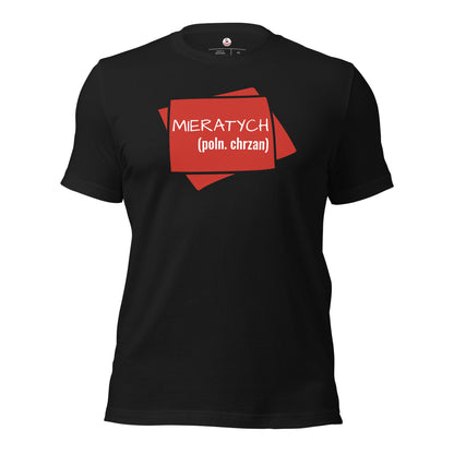 Das schwarze T-Shirt „MIERETYCH“ von POLCOUTURE mit dem roten Design-Print in kontrastreicher Optik.