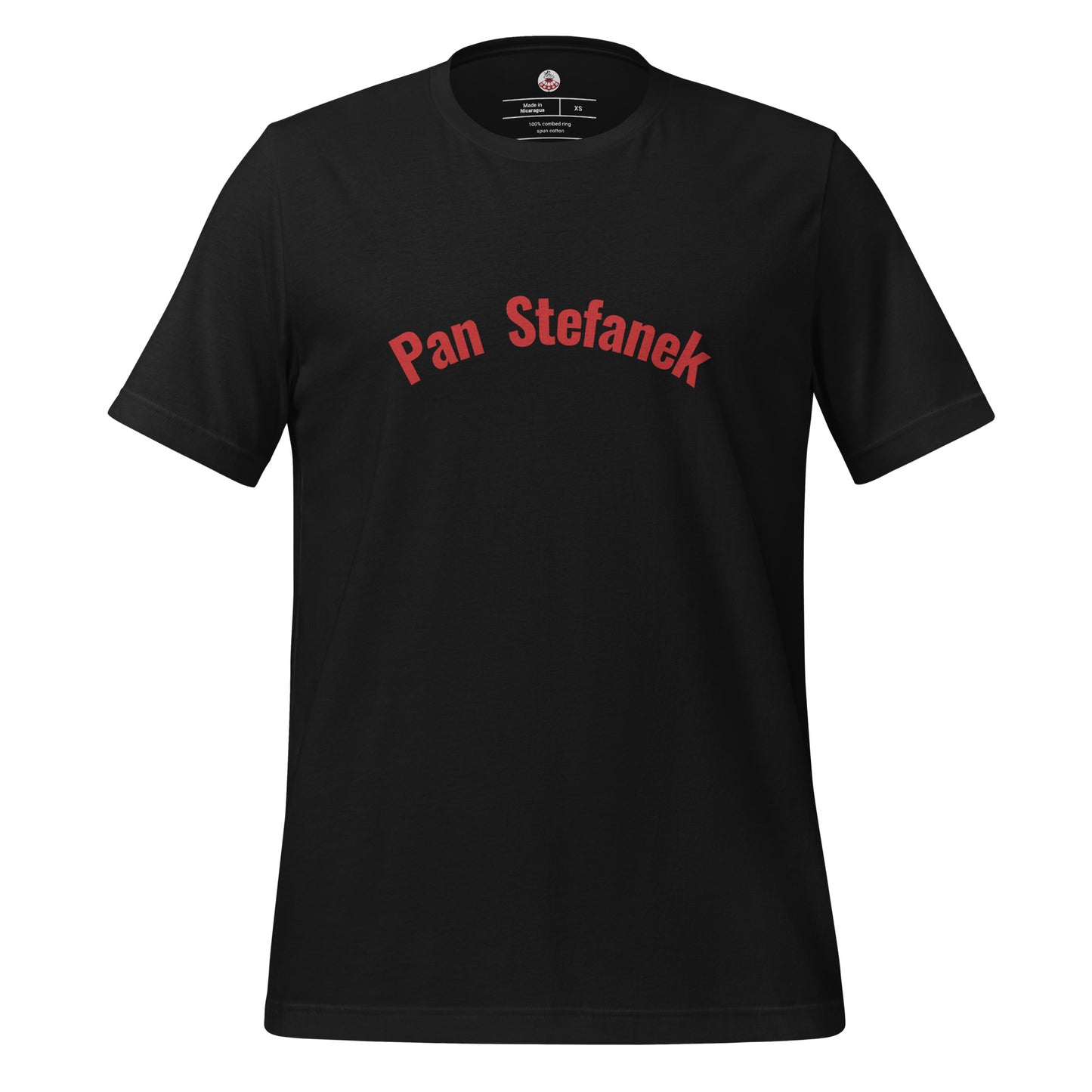 Frontalansicht des Namens-T-Shirts in Vintage Schwarz von POLCOUTURE. Zentriert auf der Brust ist der Schriftzug „Pan Stefanek“ in einer klaren, roten Schrift aufgedruckt. Das Bild zeigt das vollständige Design.