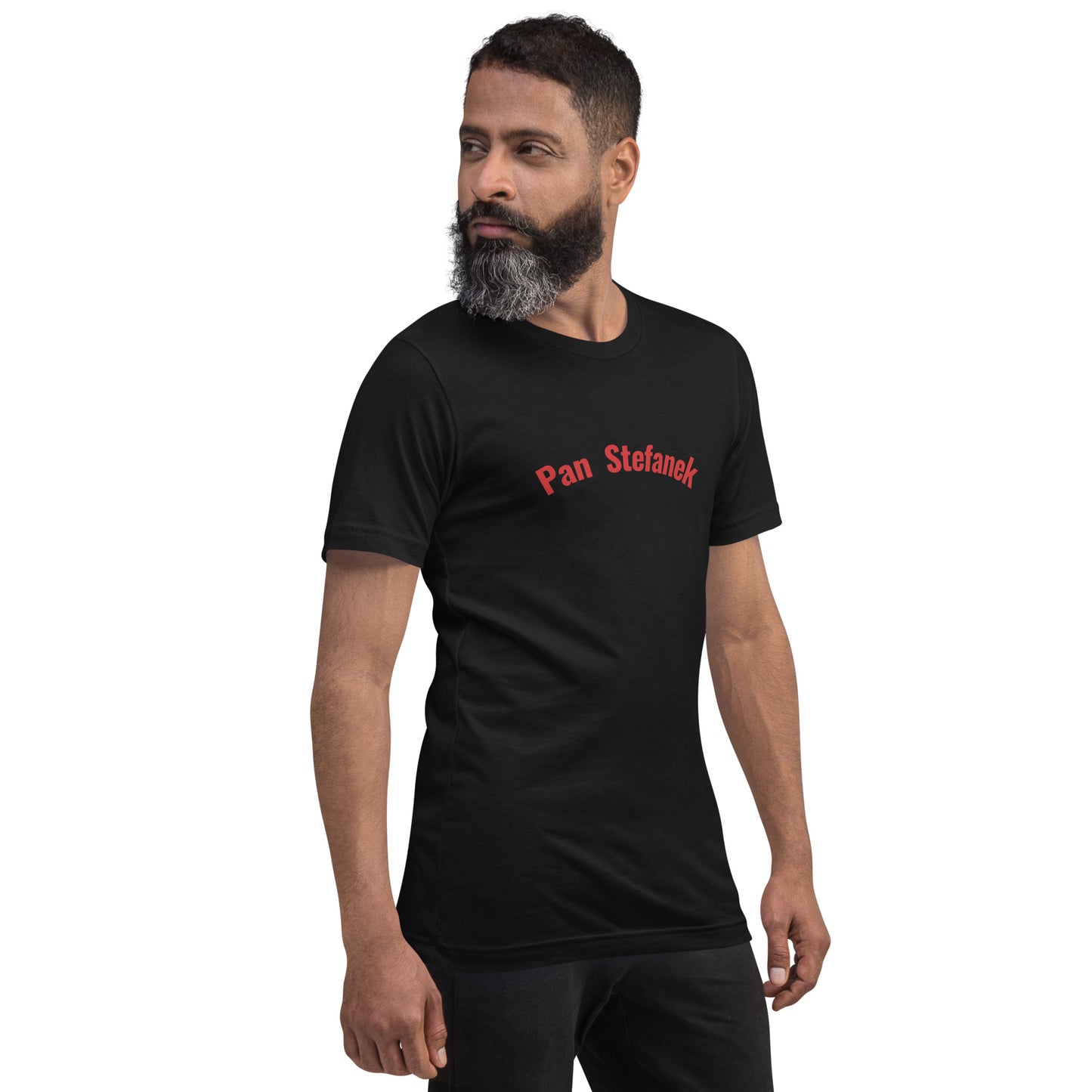 Ein Model trägt ein Unisex-T-Shirt in Vintage Schwarz von POLCOUTURE. Auf der Brust ist der Schriftzug „Pan Stefanek“ im markanten POLCOUTURE Rot zu sehen. Die Ansicht zeigt den lässigen Sitz.