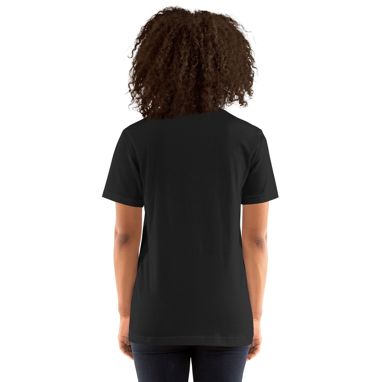 Rückansicht des T-Shirts in Vintage Schwarz. Die Aufnahme unterstreicht den lässigen Look und die moderne Optik des dunklen POLCOUTURE Unisex-Stoffes.