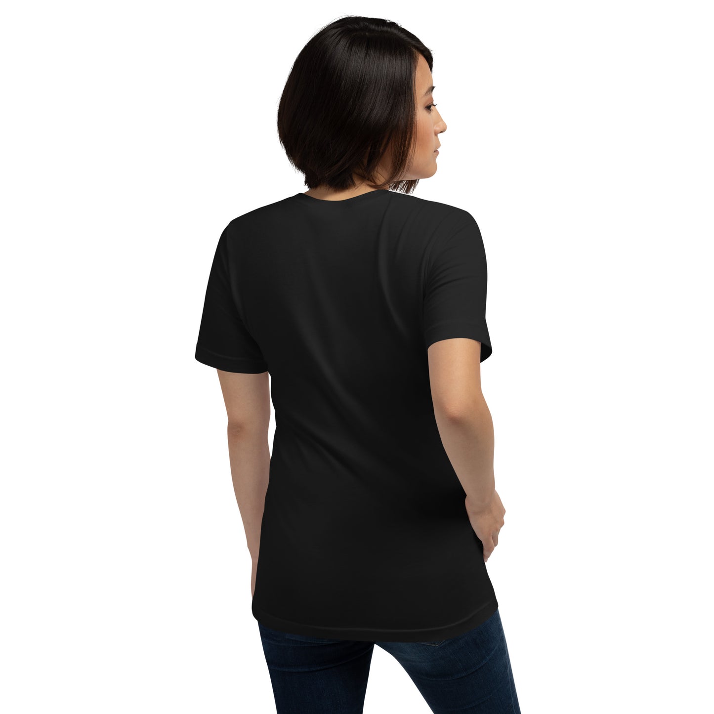 Rückansicht des T-Shirts in Vintage Schwarz. Die Aufnahme unterstreicht den lässigen Look und die hochwertige Optik des dunklen POLCOUTURE Unisex-Stoffes.