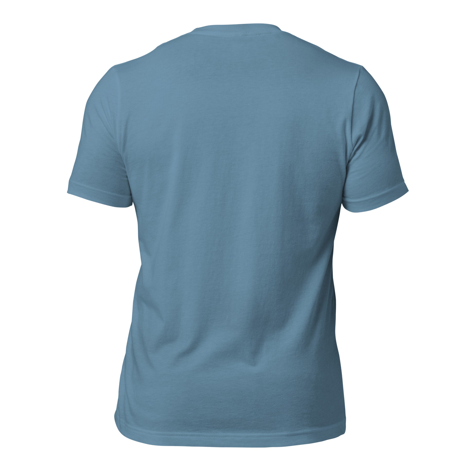 Rückseite des T-Shirts in Steel Blue. Ein puristisches Design, das die Farbtiefe und den entspannten Schnitt in den Vordergrund stellt.