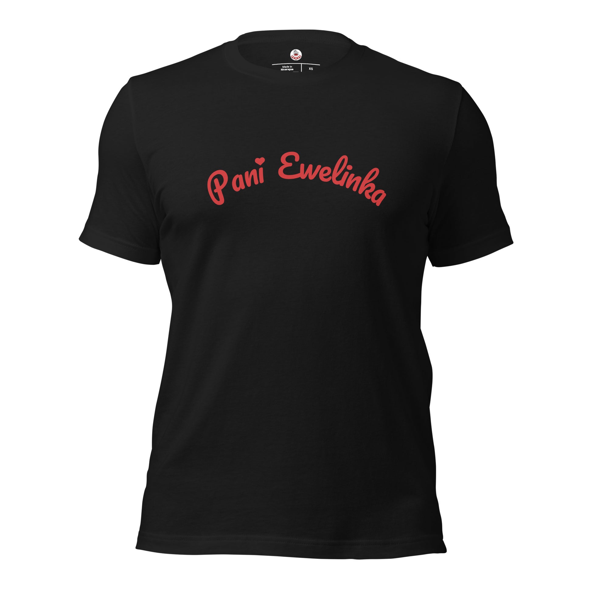 Das Unisex-T-Shirt in Vintage Schwarz. Der verspielte rote Name „Pani Ewelinka“ mit dem Herz-Detail leuchtet intensiv auf dem dunklen Grund.