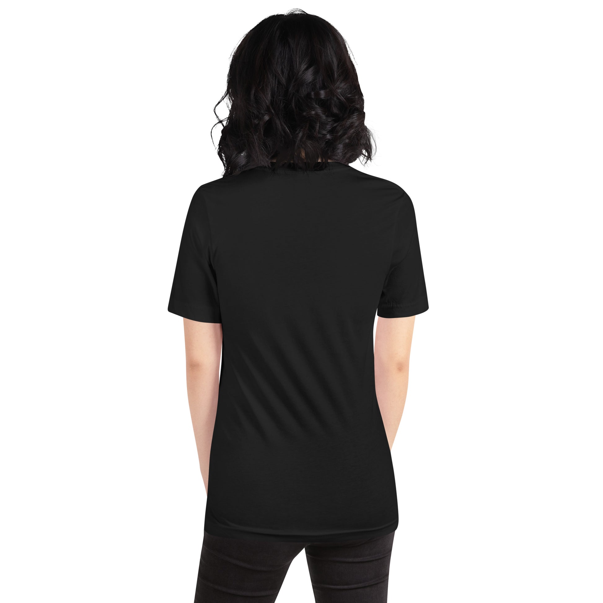 Rückansicht des T-Shirts in Vintage Schwarz. Die Aufnahme unterstreicht den lässigen Look und die moderne Optik des dunklen POLCOUTURE Unisex-Stoffes.
