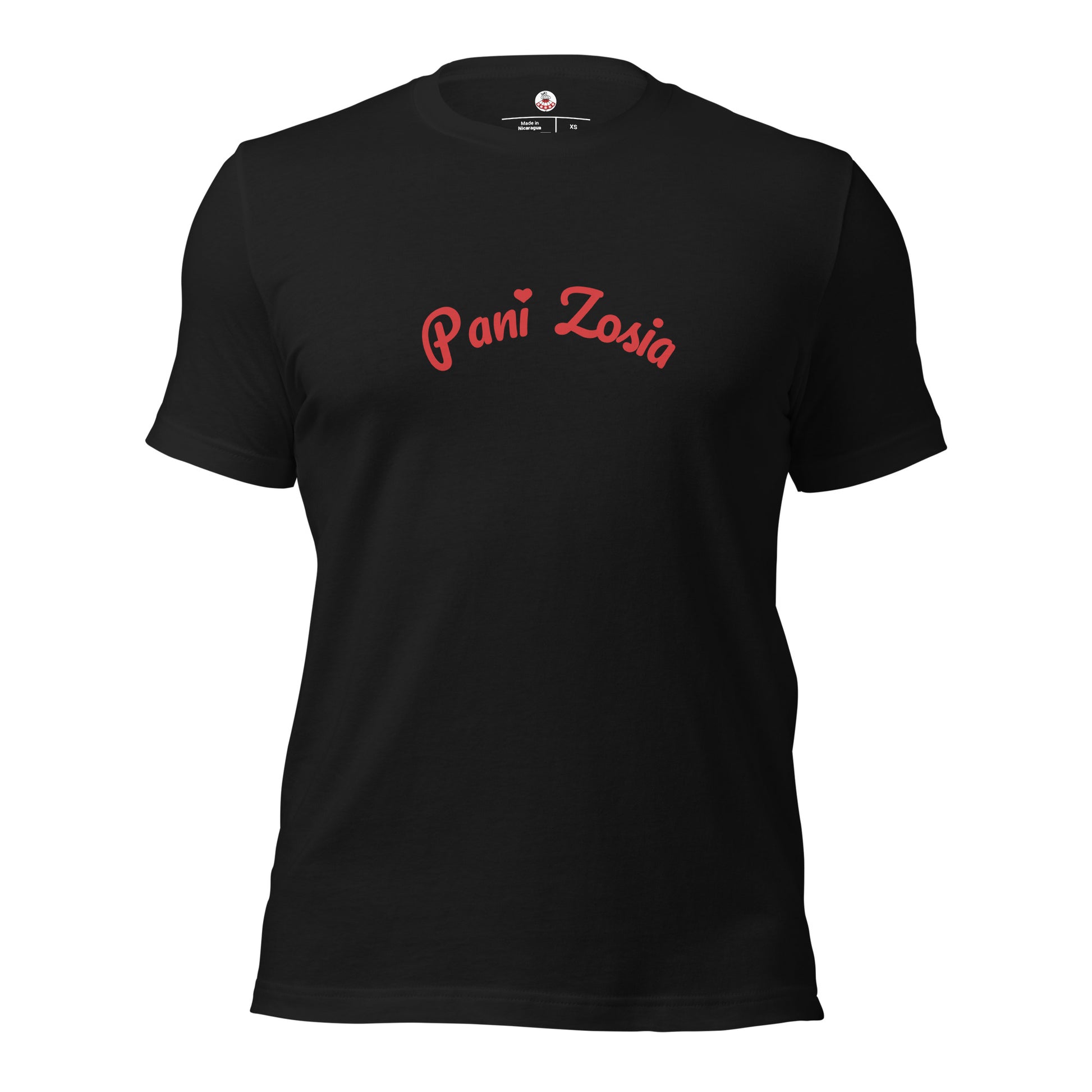 Das Unisex-T-Shirt in Vintage Schwarz mit dem roten Schriftstück „Pani Zosia“. Die verspielte Schrift und das rote Herz über dem „i“ bilden einen edlen Kontrast.