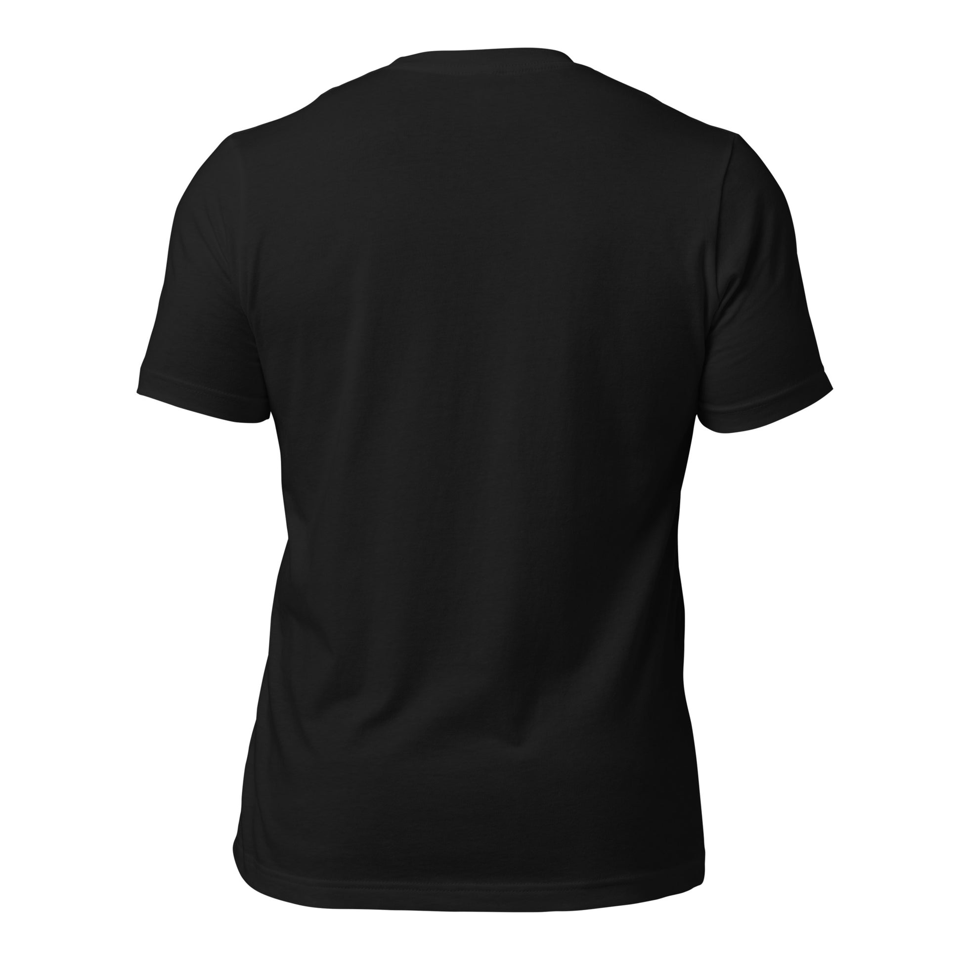 Rückansicht des T-Shirts in Vintage Schwarz. Minimalistischer Look, der die hochwertige Haptik und den klassischen Unisex-Schnitt hervorhebt.
