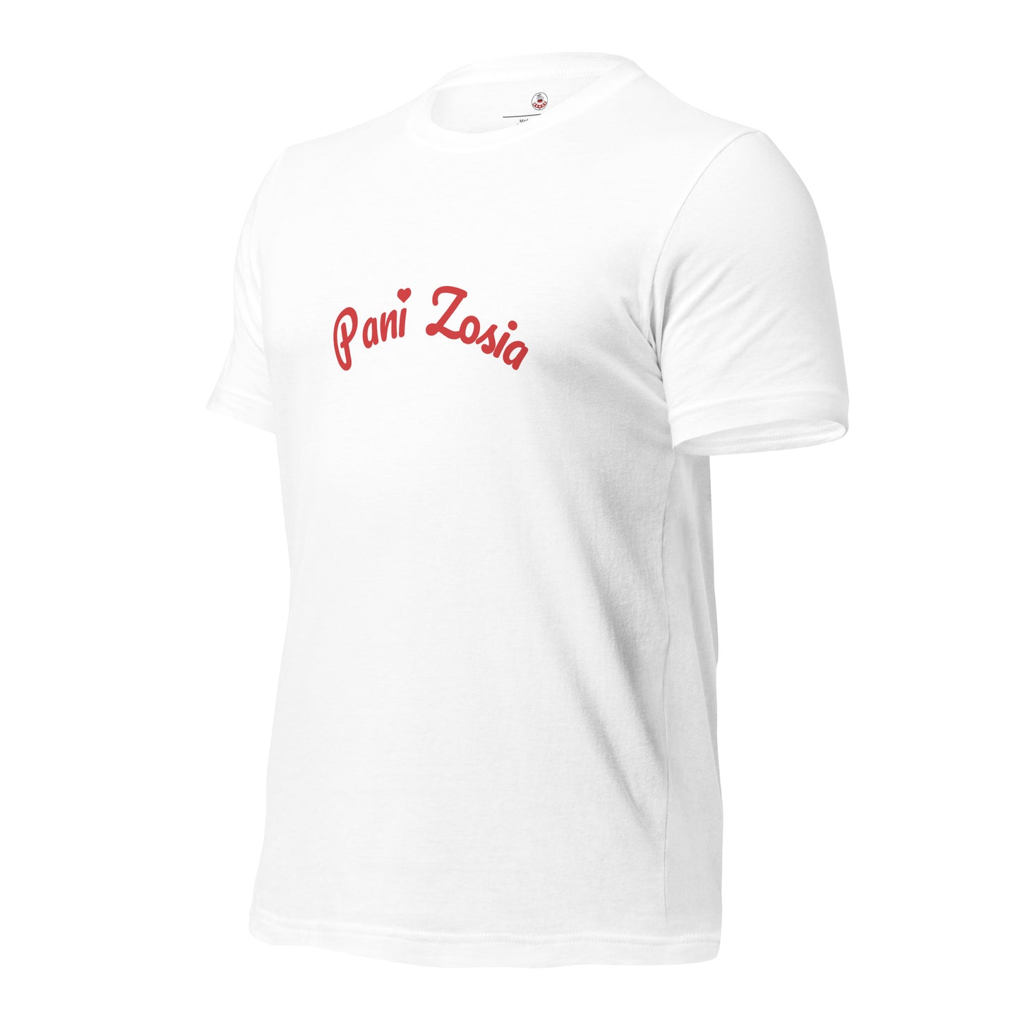 Das weiße T-Shirt in der Schrägansicht. Der Fokus liegt auf dem roten Schriftstück „Pani Zosia“, dessen verspielte Typografie auf dem hellen Untergrund besonders gut zur Geltung kommt.