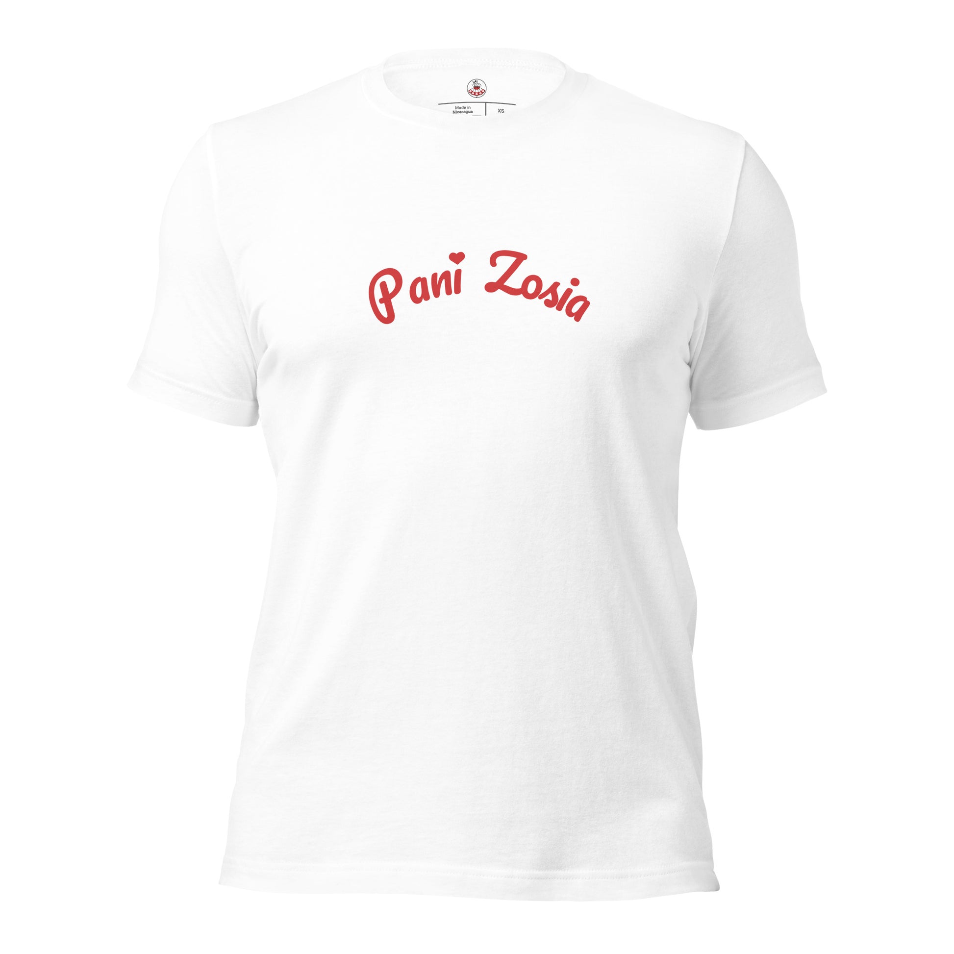 Frontalansicht des weißen Unisex-T-Shirts von POLCOUTURE. Der Name „Pani Zosia“ ist mittig in einer verspielten, roten Schrift mit einem Herz-Detail als i-Punkt aufgedruckt.