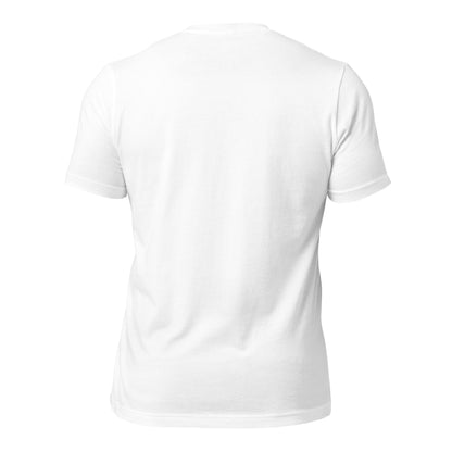 Die Rückseite des weißen POLCOUTURE T-Shirts. Ein schlichtes, minimalistisches Design, das die reine Farbe und den modernen Unisex-Schnitt betont.