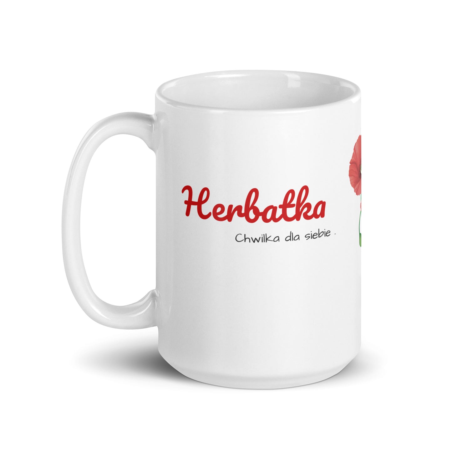 Seitenansicht links der Tasse „Herbatka“ von POLCOUTURE, Design mit Mohnblume, große 15oz Keramiktasse.